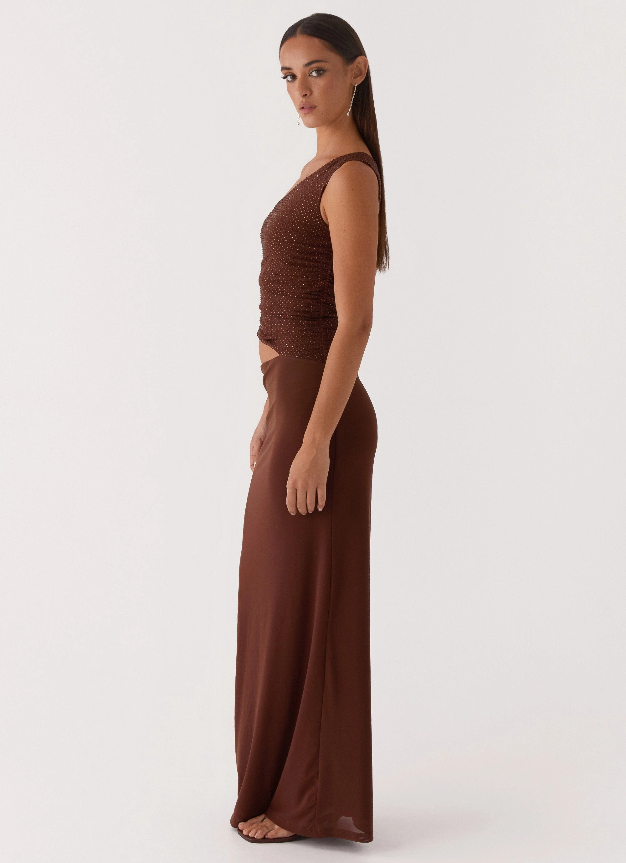 Calm Grace Seranella Sequin One Shoulder Maxi Dress - Chocolate