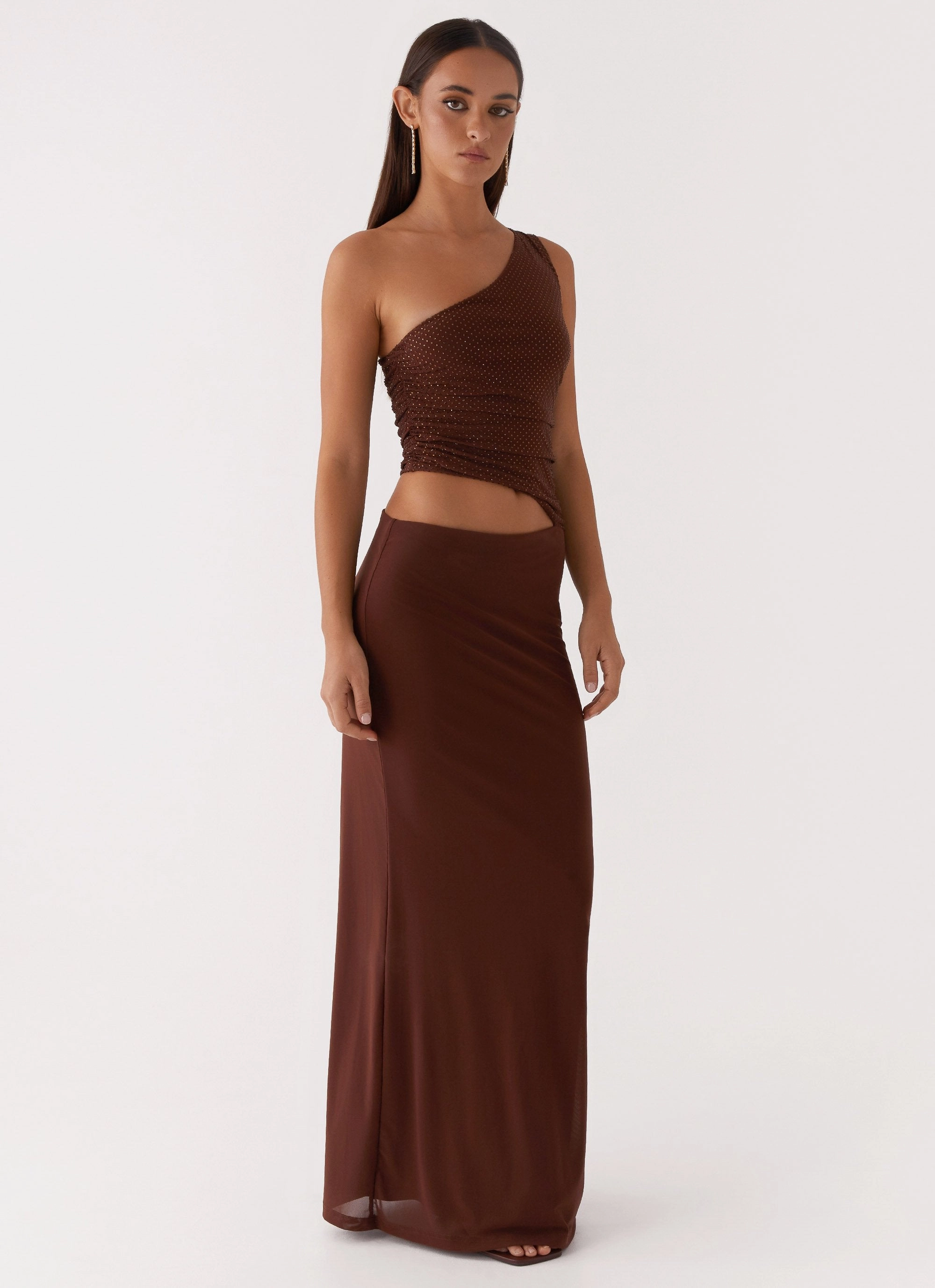 flowy style Seranella Sequin One Shoulder Maxi Dress - Chocolate