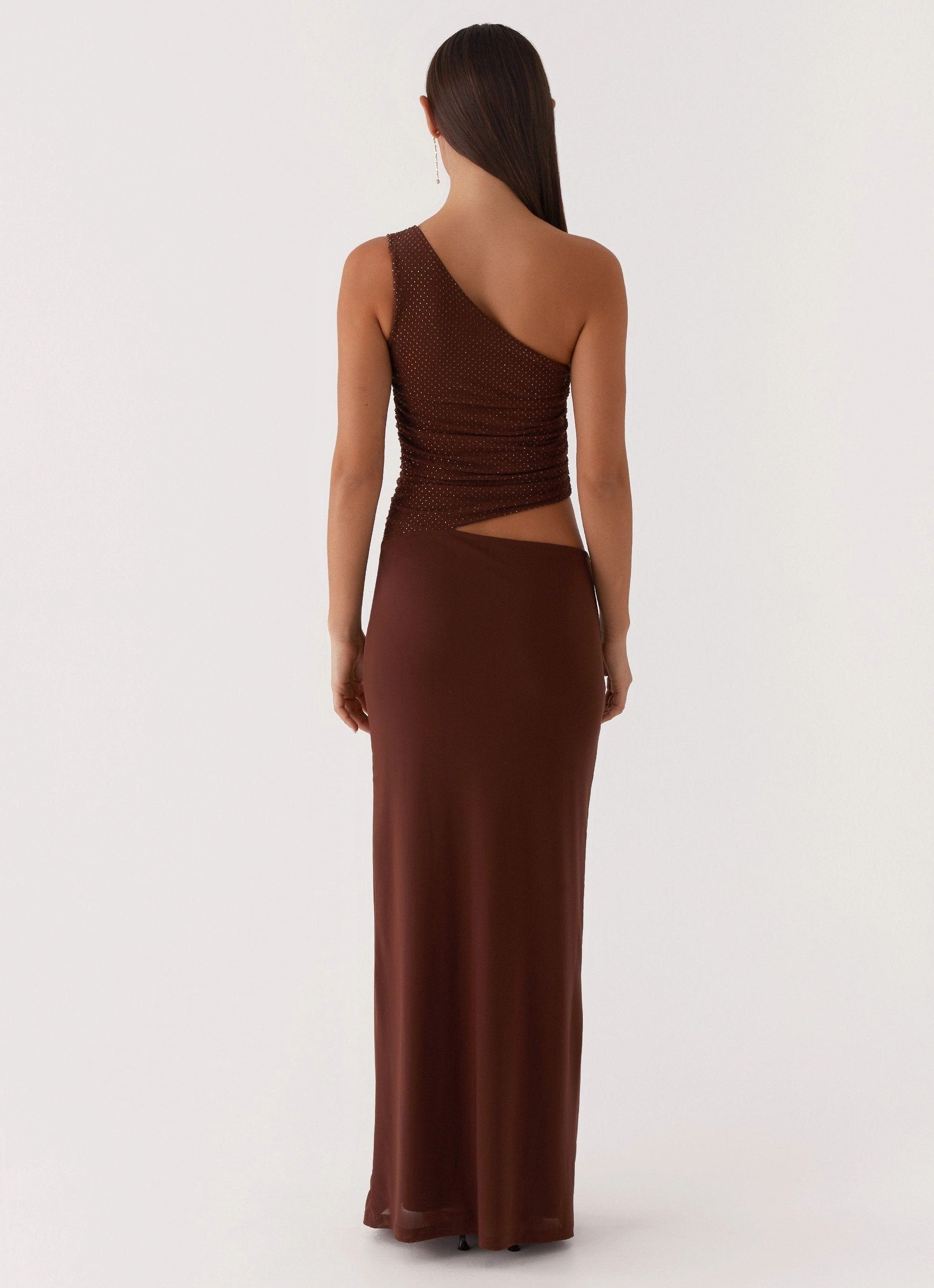 Comfy and Elegant Seranella Sequin One Shoulder Maxi Dress - Chocolate