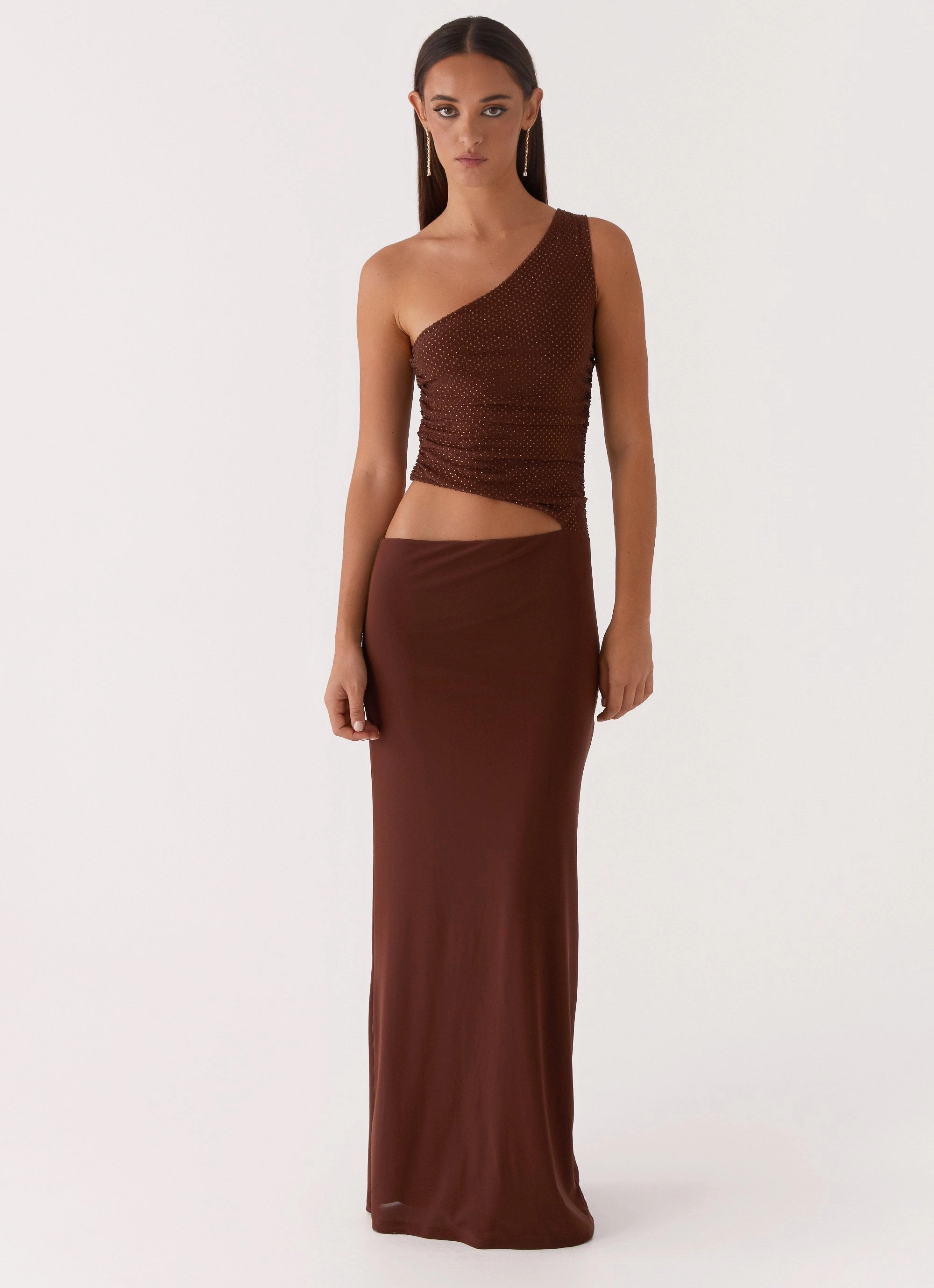 Soul Warm Seranella Sequin One Shoulder Maxi Dress - Chocolate