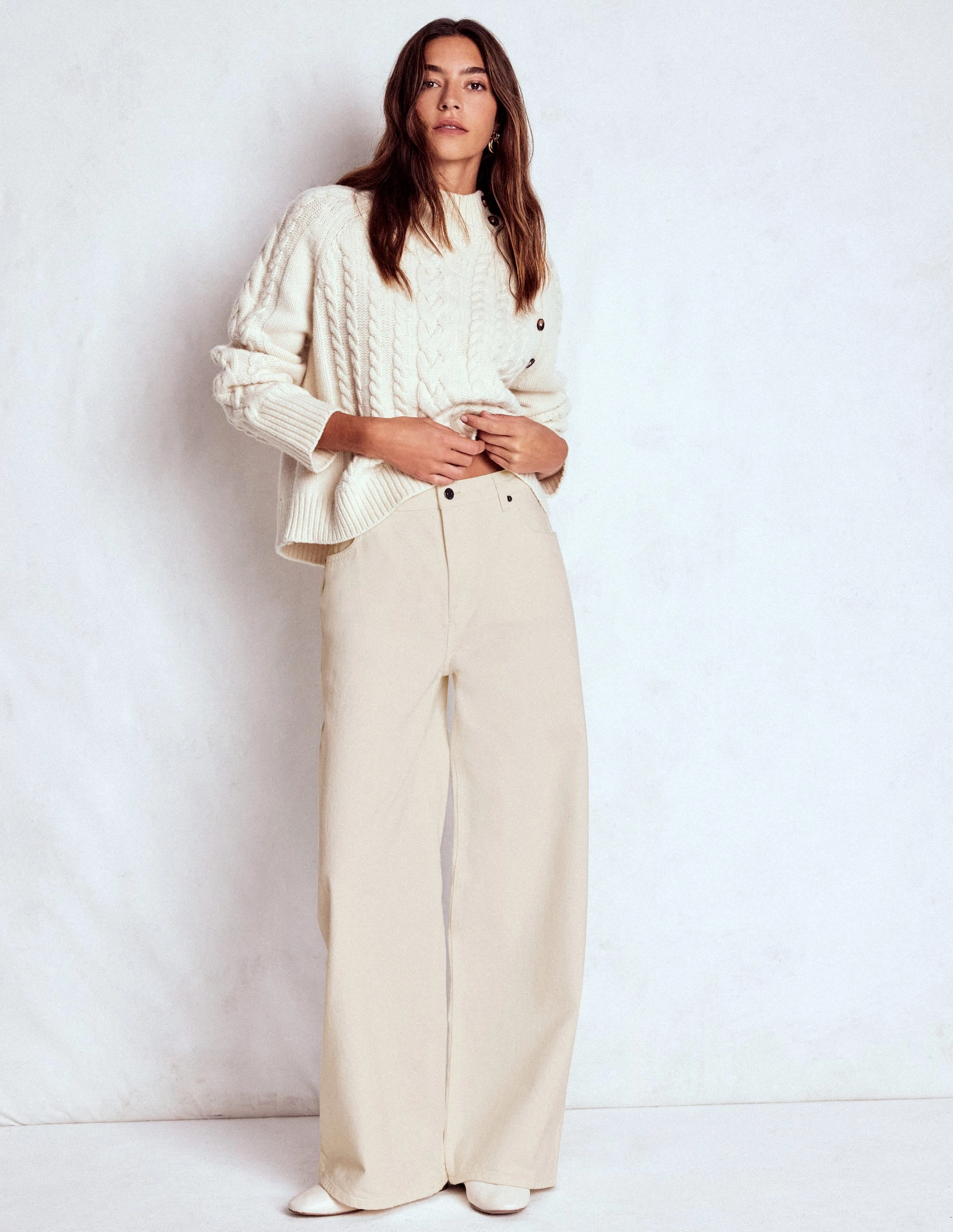 High Waist Wide Leg  Jeans-Ecru DurablePolyester