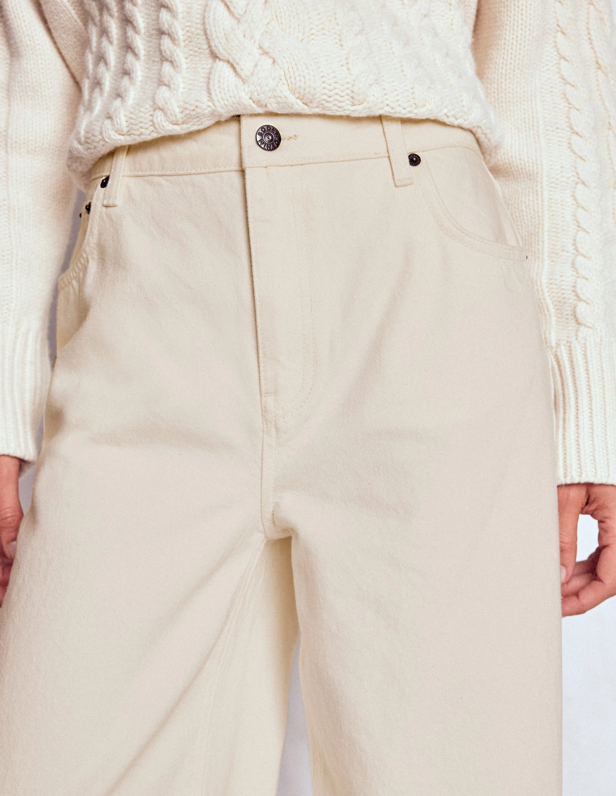 Corduroy texture Non Binding Cuffs High Waist Wide Leg  Jeans-Ecru