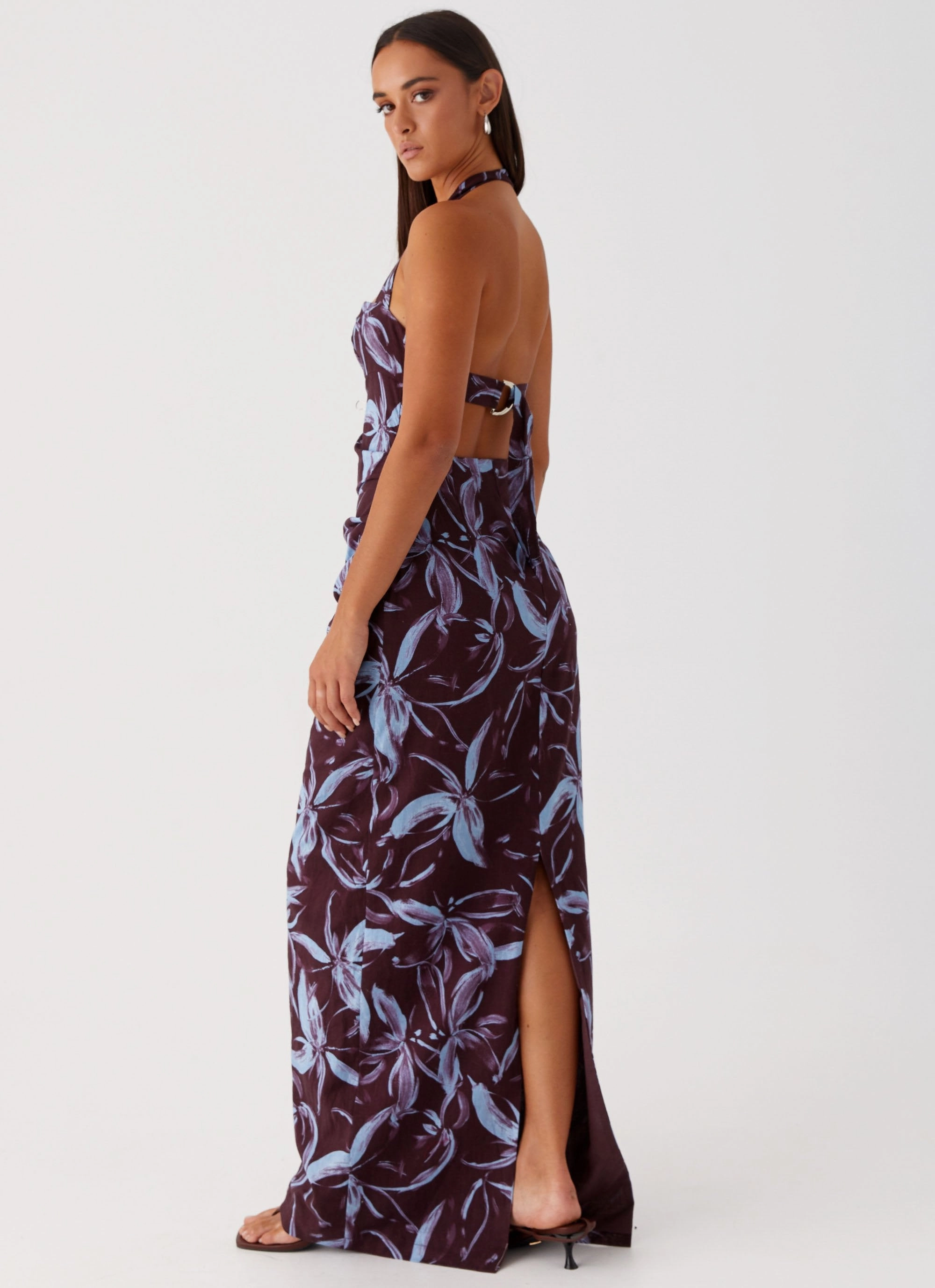 Casual Pick Timeless Look Fauna Halter Maxi Dress - Brown Purple Floral