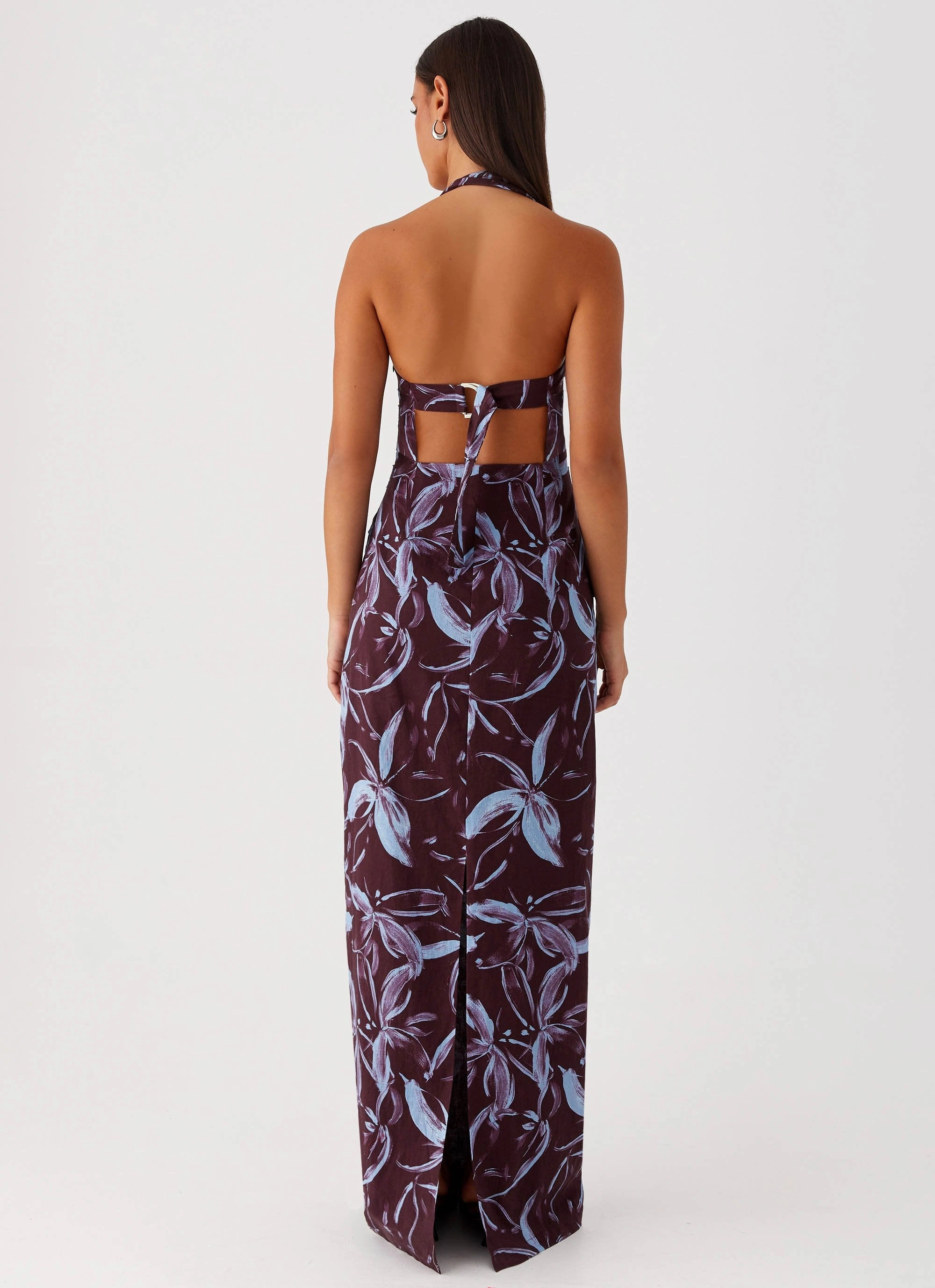 Multipurpose Fauna Halter Maxi Dress - Brown Purple Floral
