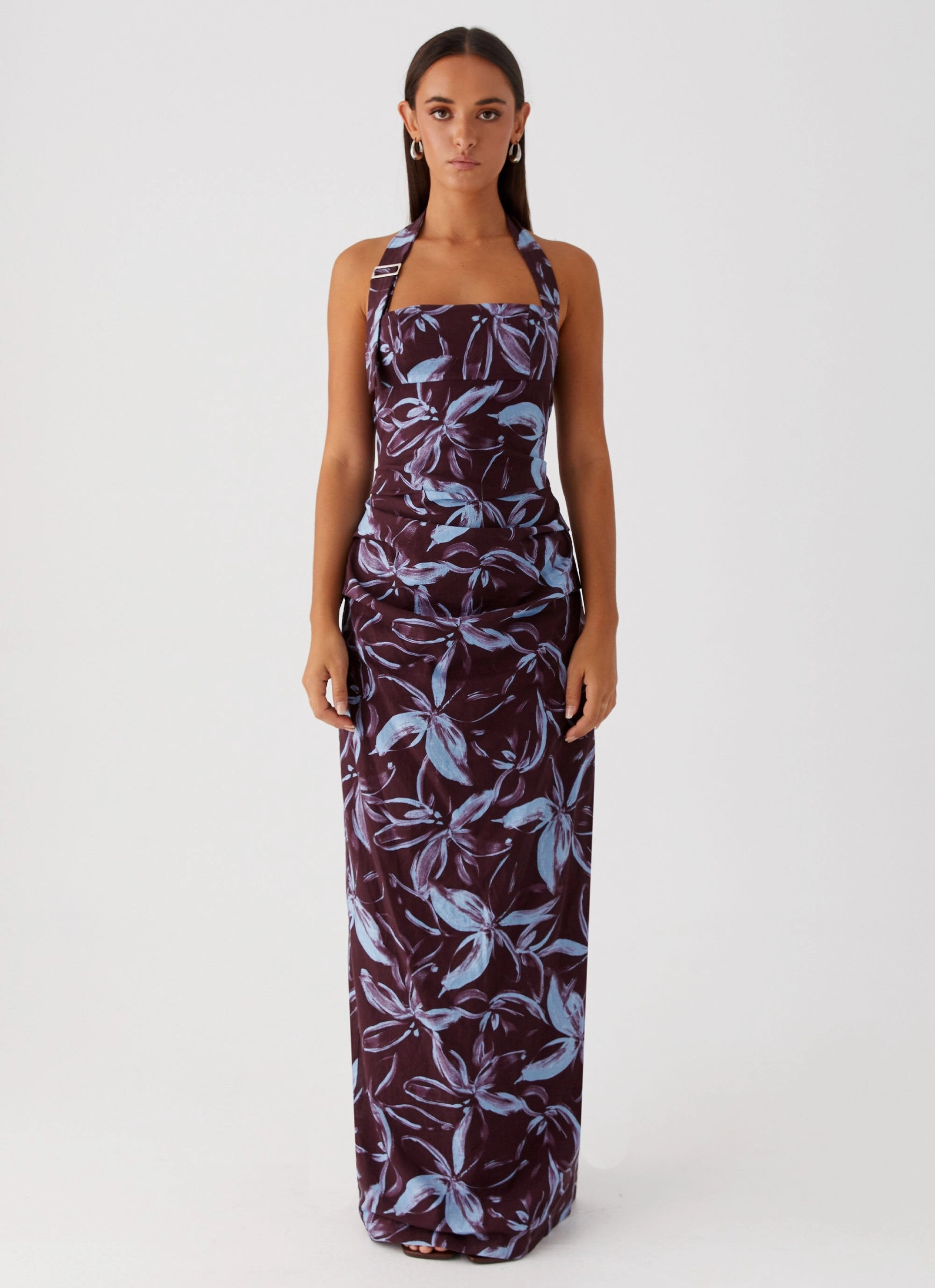 Front-Zip Fauna Halter Maxi Dress - Brown Purple Floral