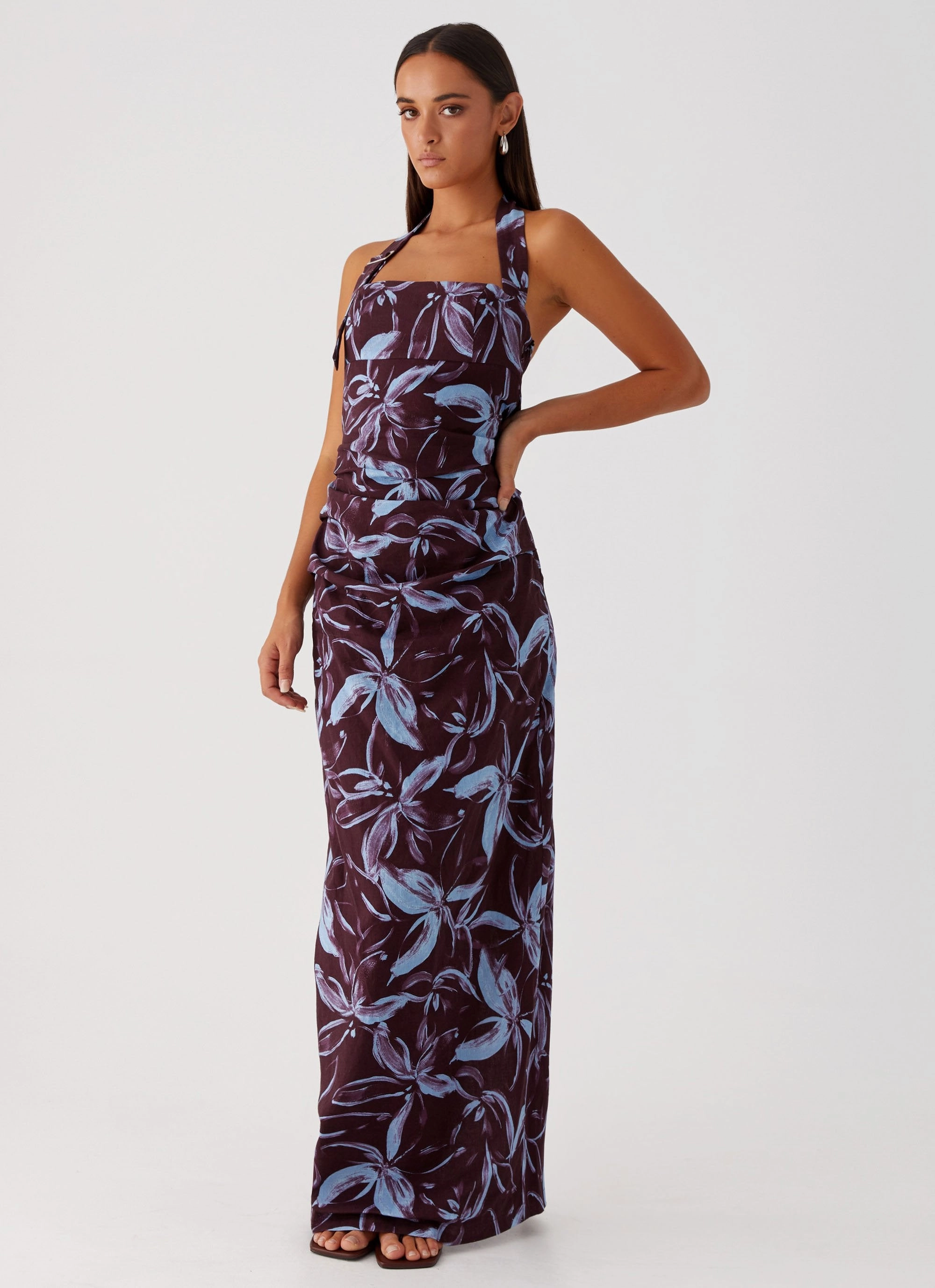 Relaxed Wear soft look Fauna Halter Maxi Dress - Brown Purple Floral