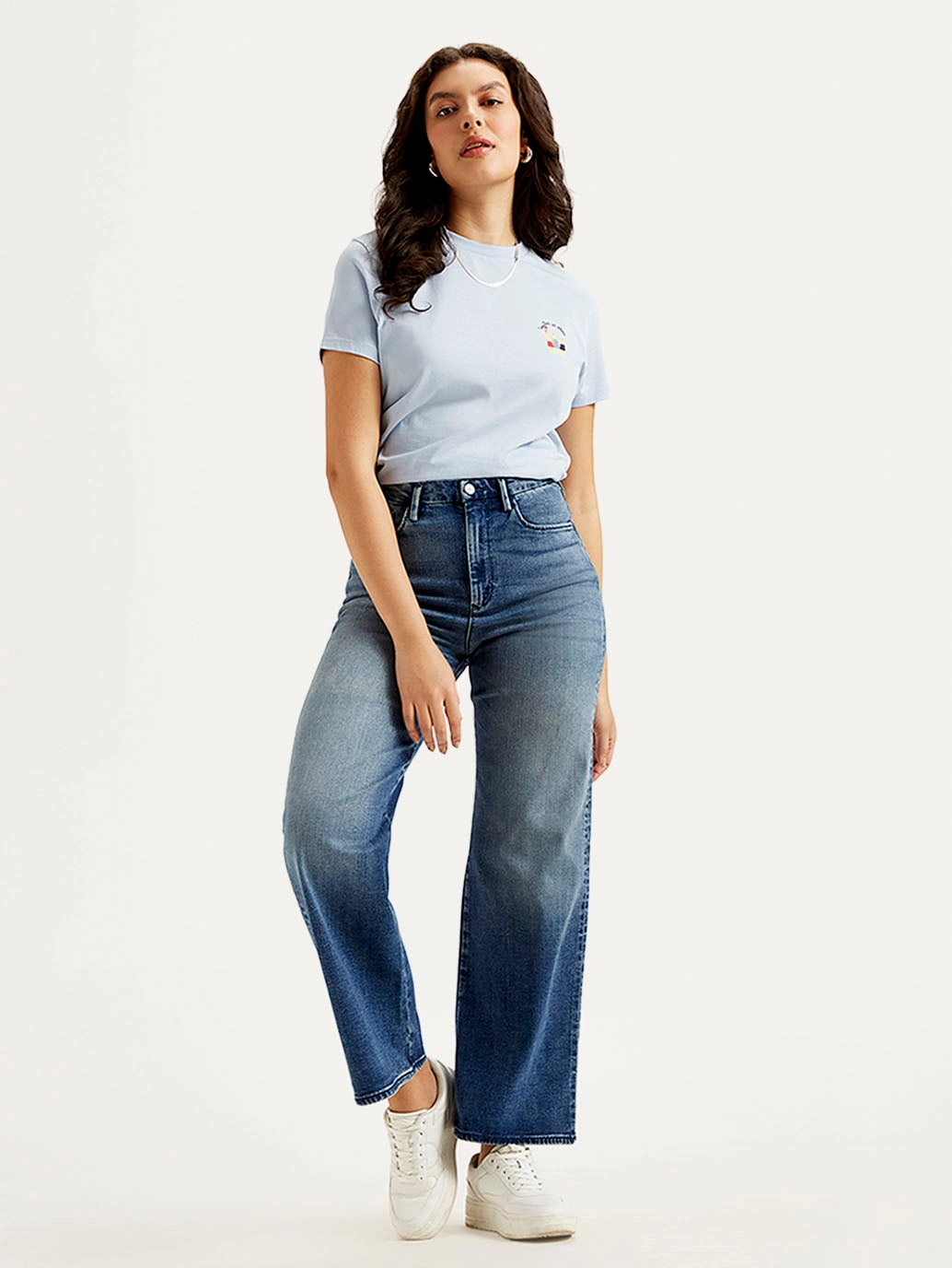 Women's Redloop Blue Ribcage Bell Bottom Wide Leg Fit High Rise Jeans Vibrant Formal Non Restrictive Cut