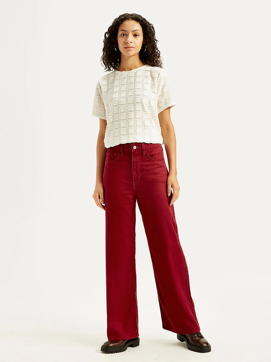 Weekend Warrior Earthy Effortless Design Women's Red Ribcage Bell Bottom Wide Leg Fit High Rise Jeans