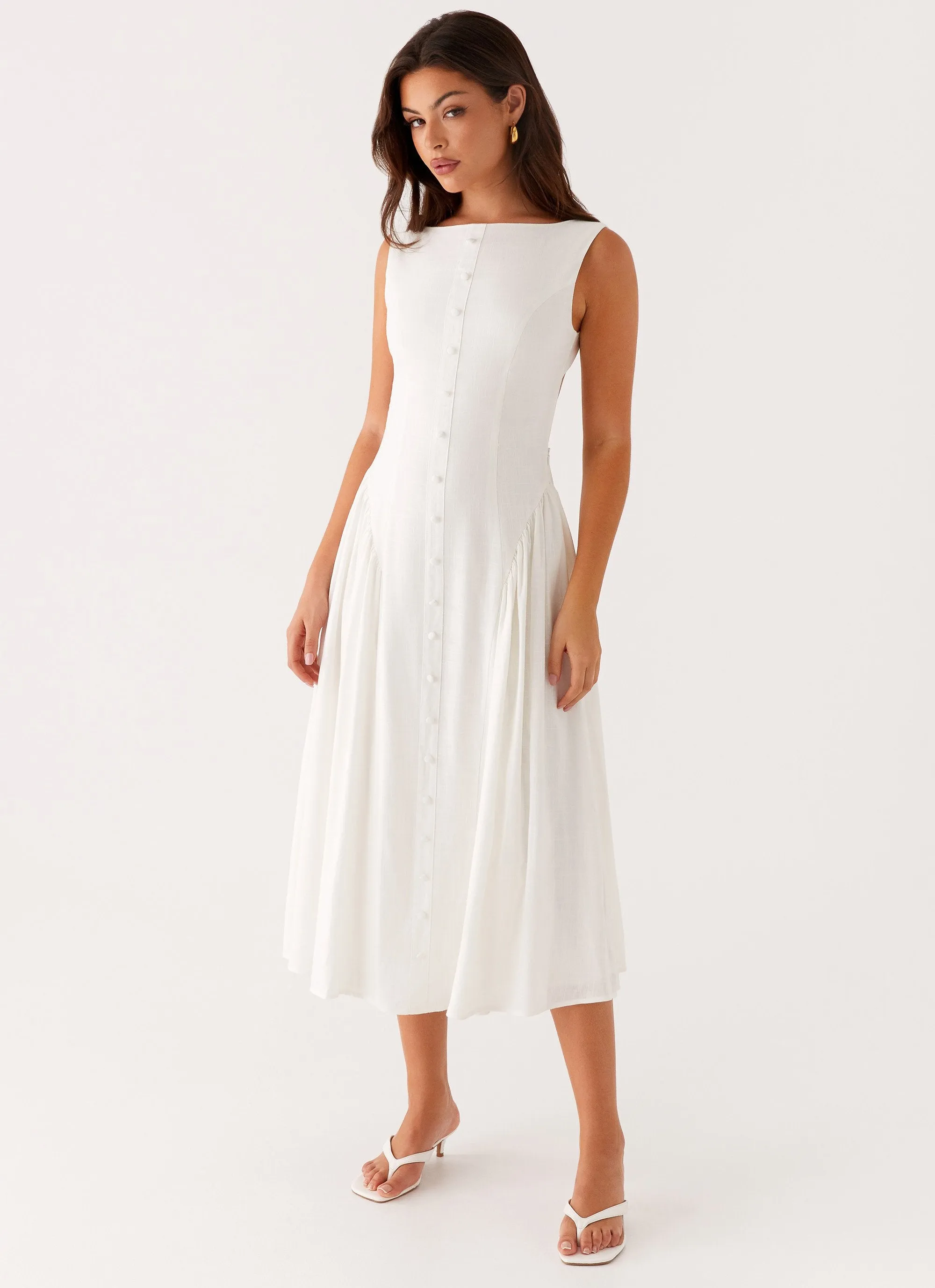 Maylah Midi Dress - White Chic Waist Design