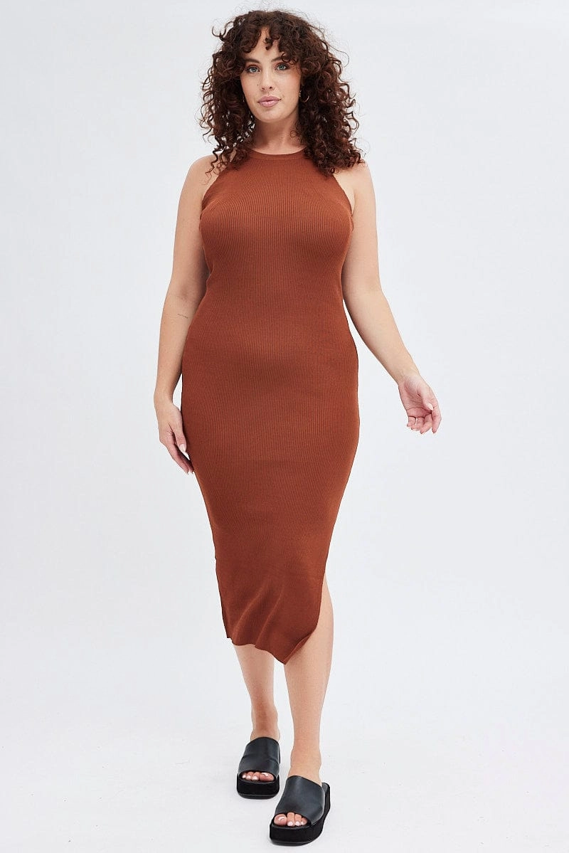 Flare Breeze Brown Knit Dress High Neck Midi
