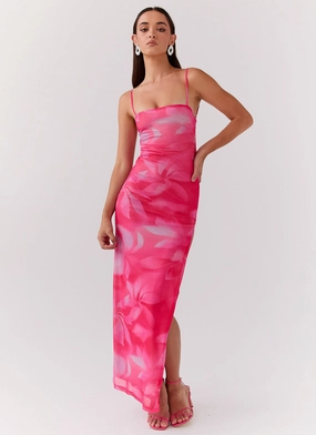 Life In Pink Maxi Dress - Abstract Bloom Social Charm Shiny Zip