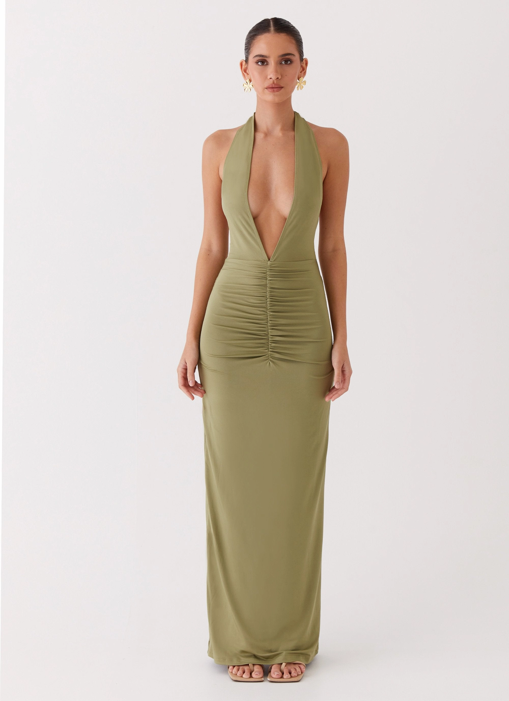Whisked Away Halterneck Maxi Dress - Olive WaterRepellentCoating Fit Focused