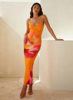 Stylish Cut Drawstring-Waist Kasey Midi Dress - Orange Tropical