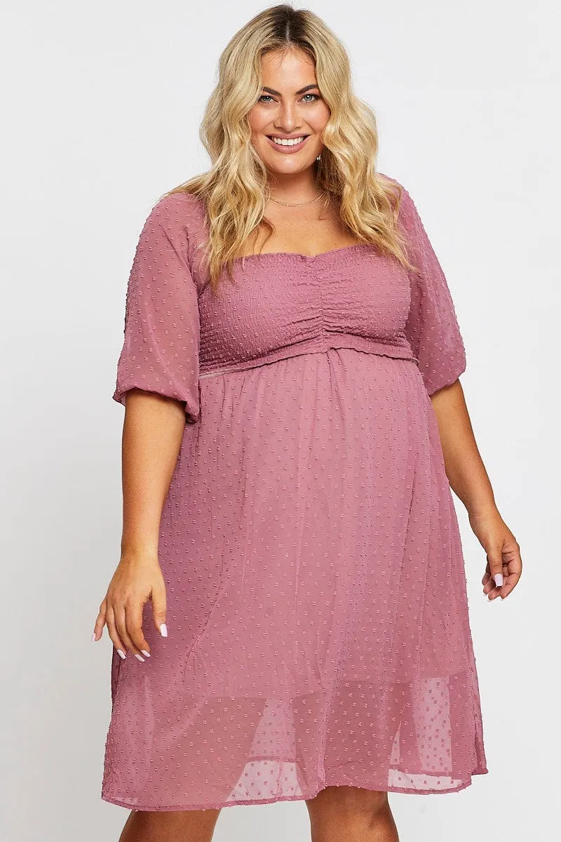 Pink 3/4 Sleeve Chiffon Flocked Midi Dress Casual Elegance Elegant Wearable