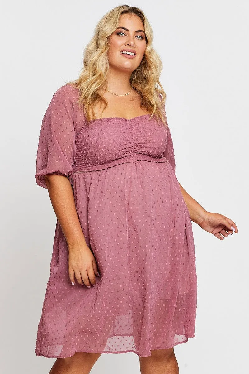 Pink 3/4 Sleeve Chiffon Flocked Midi Dress Must-have Brunch Outfit