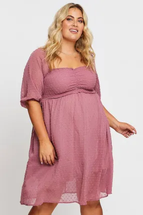 Pink 3/4 Sleeve Chiffon Flocked Midi Dress Must-have Brunch Outfit