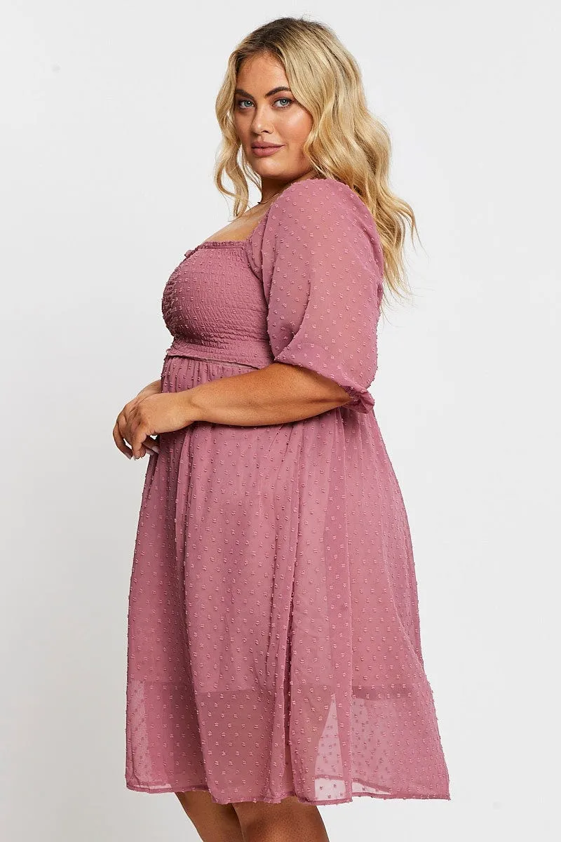 Soft Lines Pink 3/4 Sleeve Chiffon Flocked Midi Dress