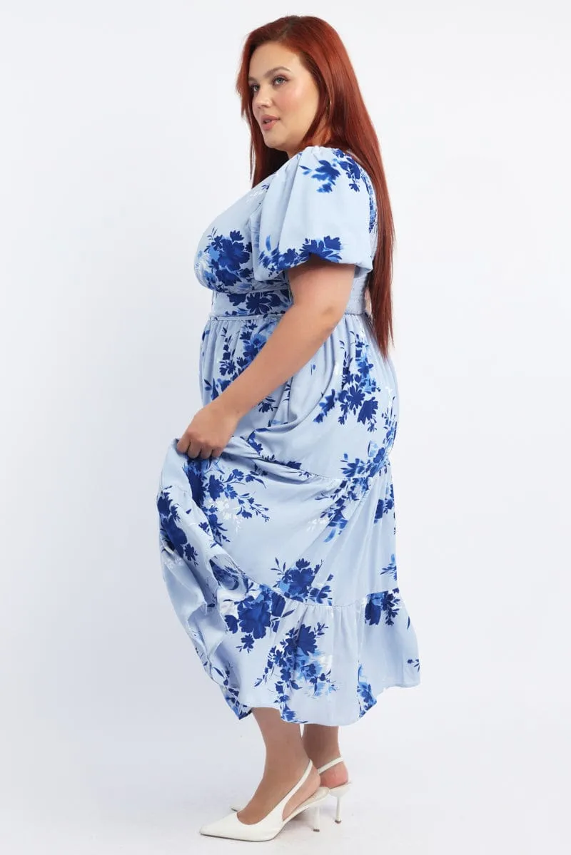 Blue Floral Midi Dress Puff Sleeve Cut Out Tiered Minimalist feel Perfect Waist