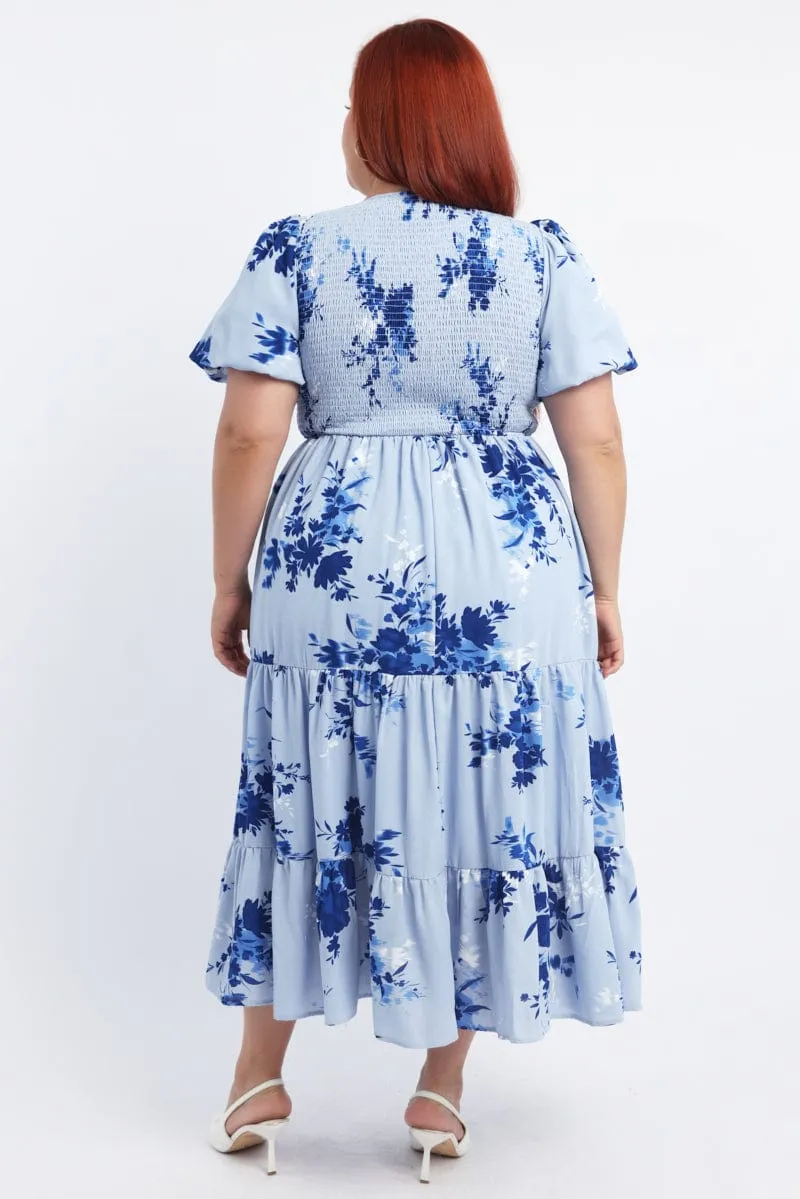 Blue Floral Midi Dress Puff Sleeve Cut Out Tiered Casual weekend dress