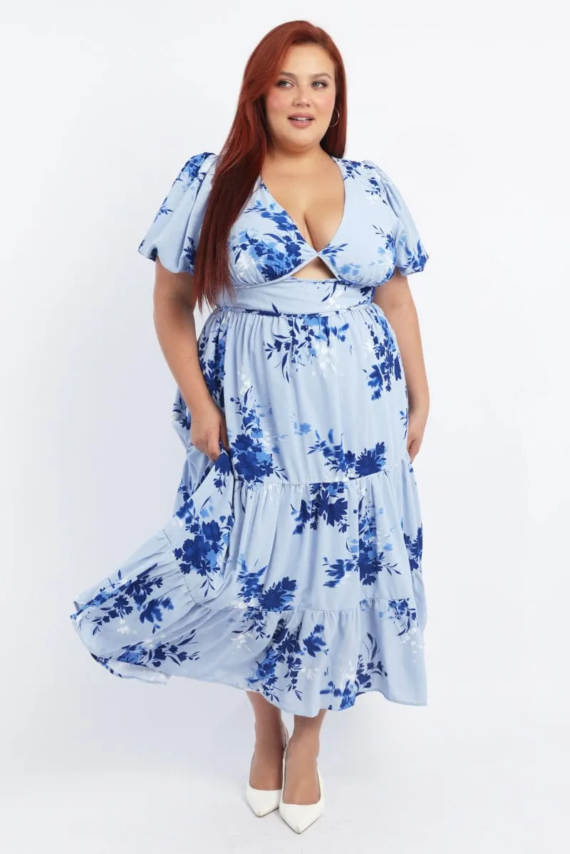 Blue Floral Midi Dress Puff Sleeve Cut Out Tiered Evening Chic