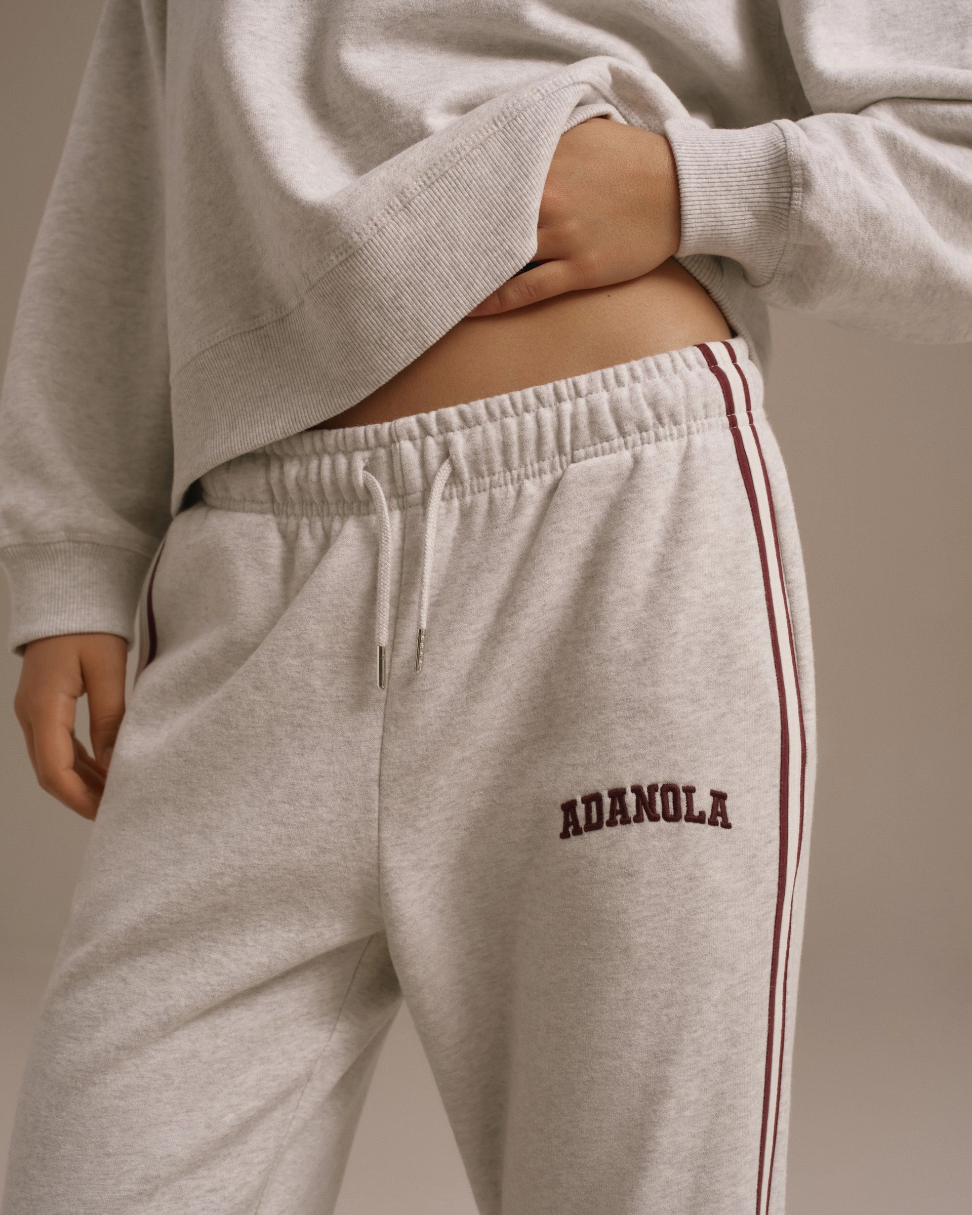 Durable Wear Quick Wash Varsity Loose Fit Straight Leg Sweatpants - Light Grey Melange/Dark Cherry