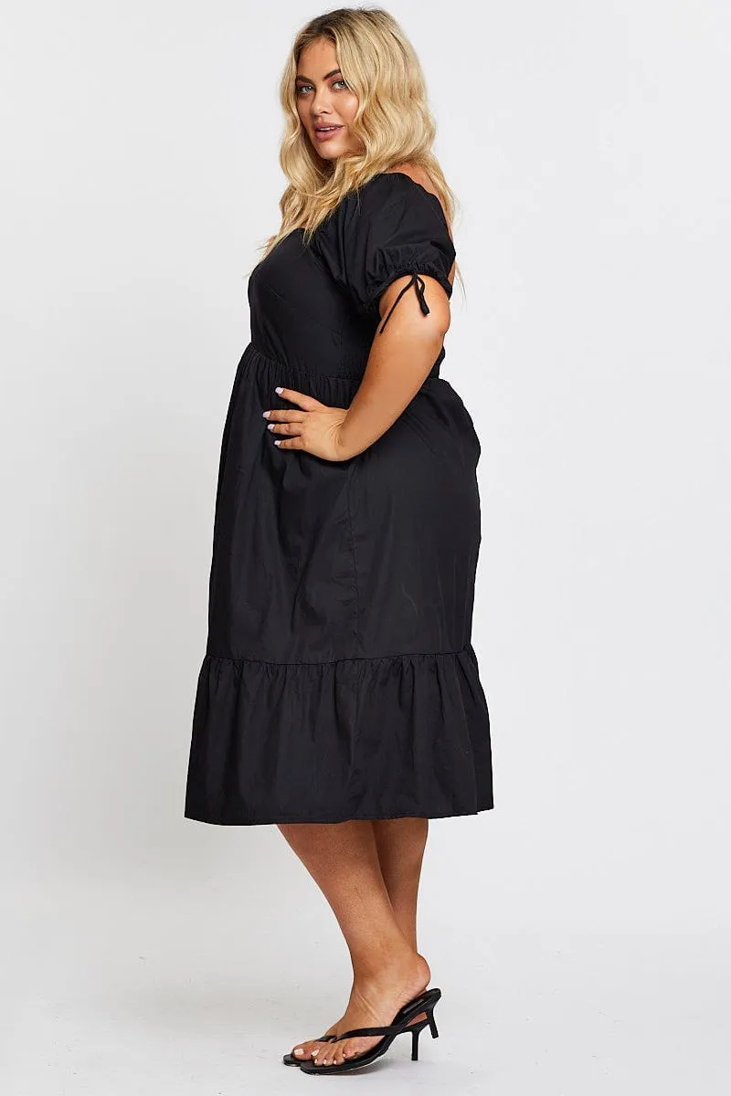 Refined Finish Smocked-Detail Black Short Puff Sleeve Black Bust Detail Dress