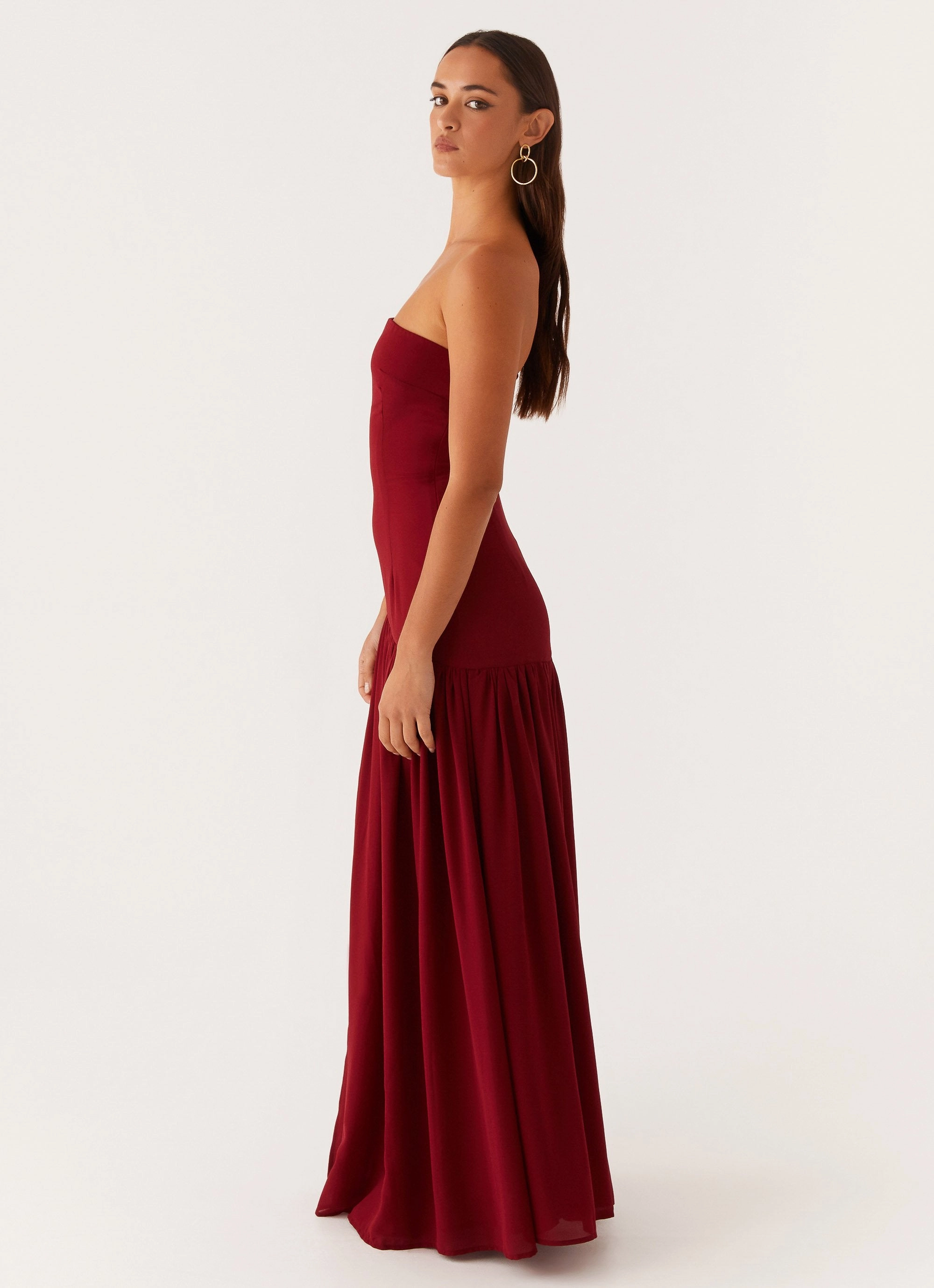 Tiered-Skirt Eden Strapless Maxi Dress - Maroon