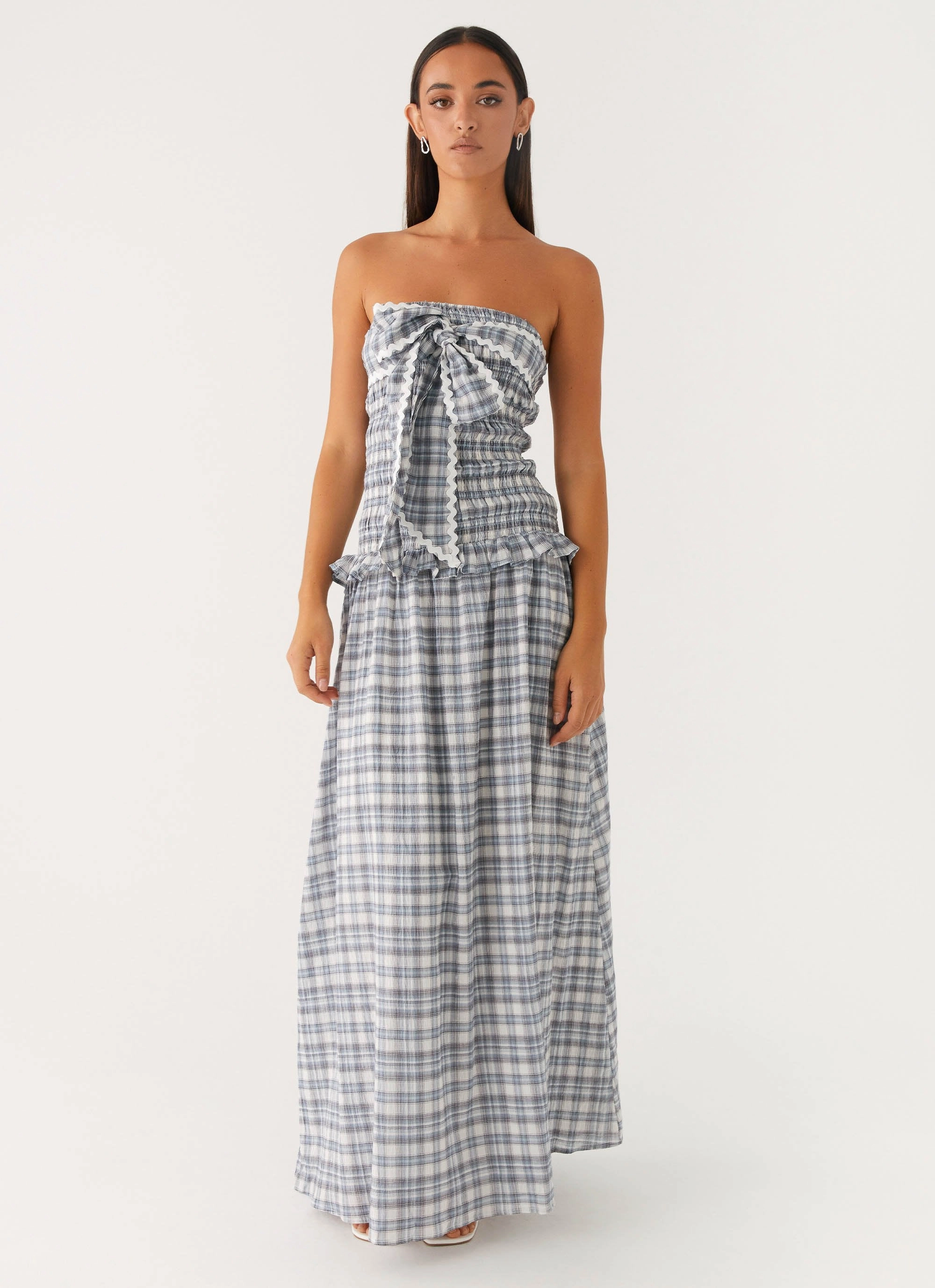 Effortless Touch Draped Fabric Malia Shirred Maxi Dress - Blue Grey Check