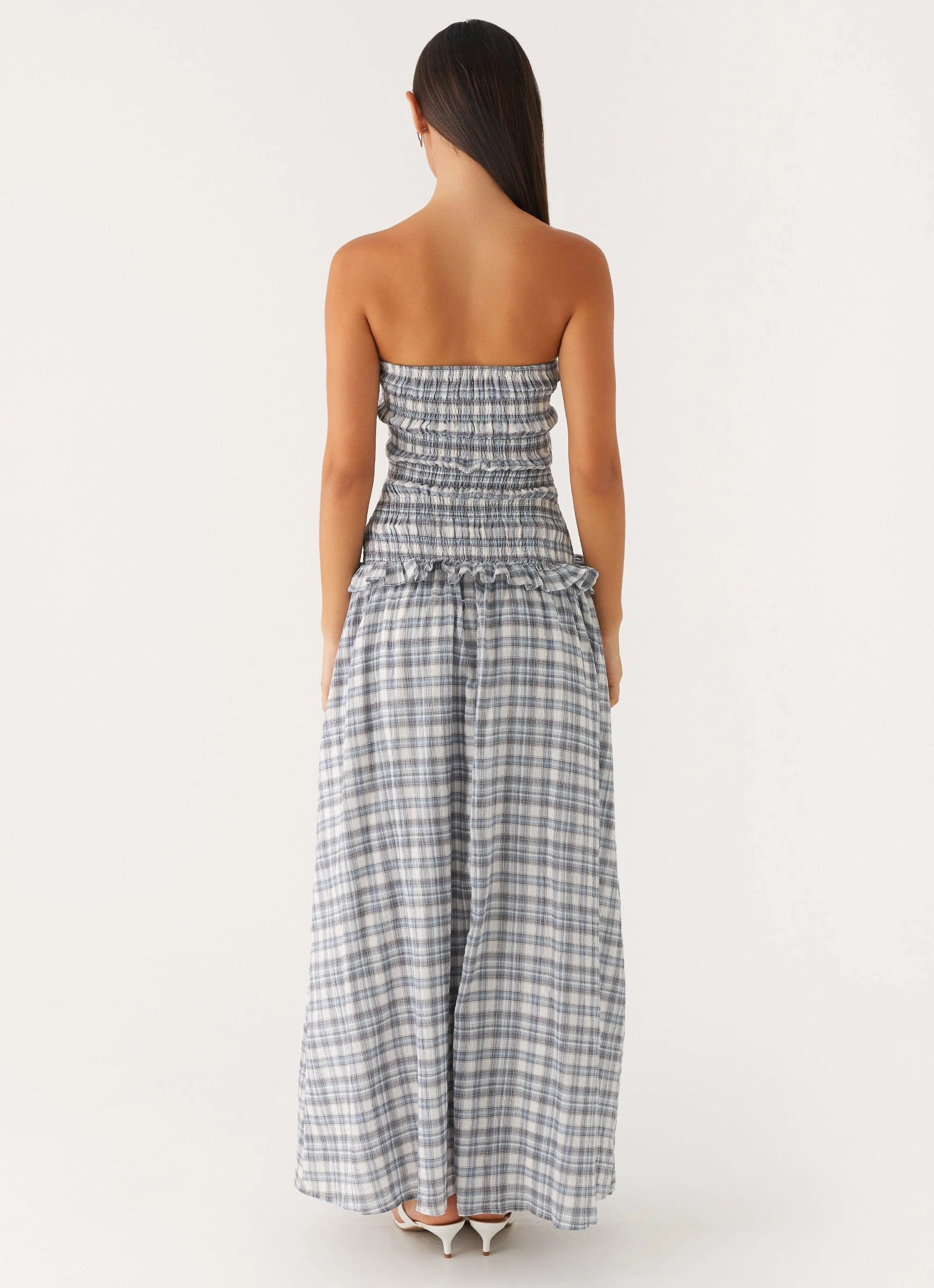Malia Shirred Maxi Dress - Blue Grey Check Fresh Motion