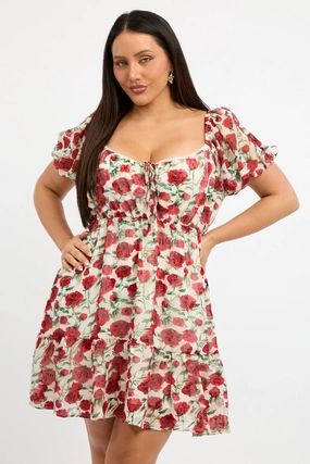 Fit Waist Red Floral Lace Trim Sweetheart Frill Minidress