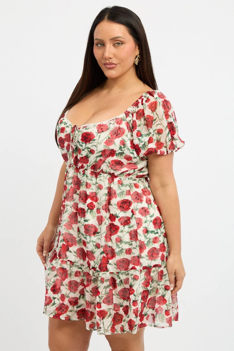 Red Floral Lace Trim Sweetheart Frill Minidress Quick Outfit