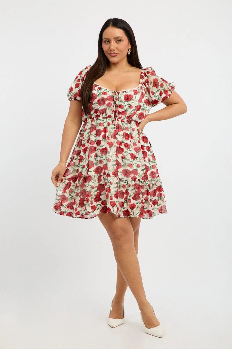 Soft Volume Red Floral Lace Trim Sweetheart Frill Minidress