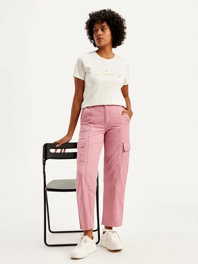 Women's Mid Rise Pink?Tapered Cargo Trousers Essential Comfort