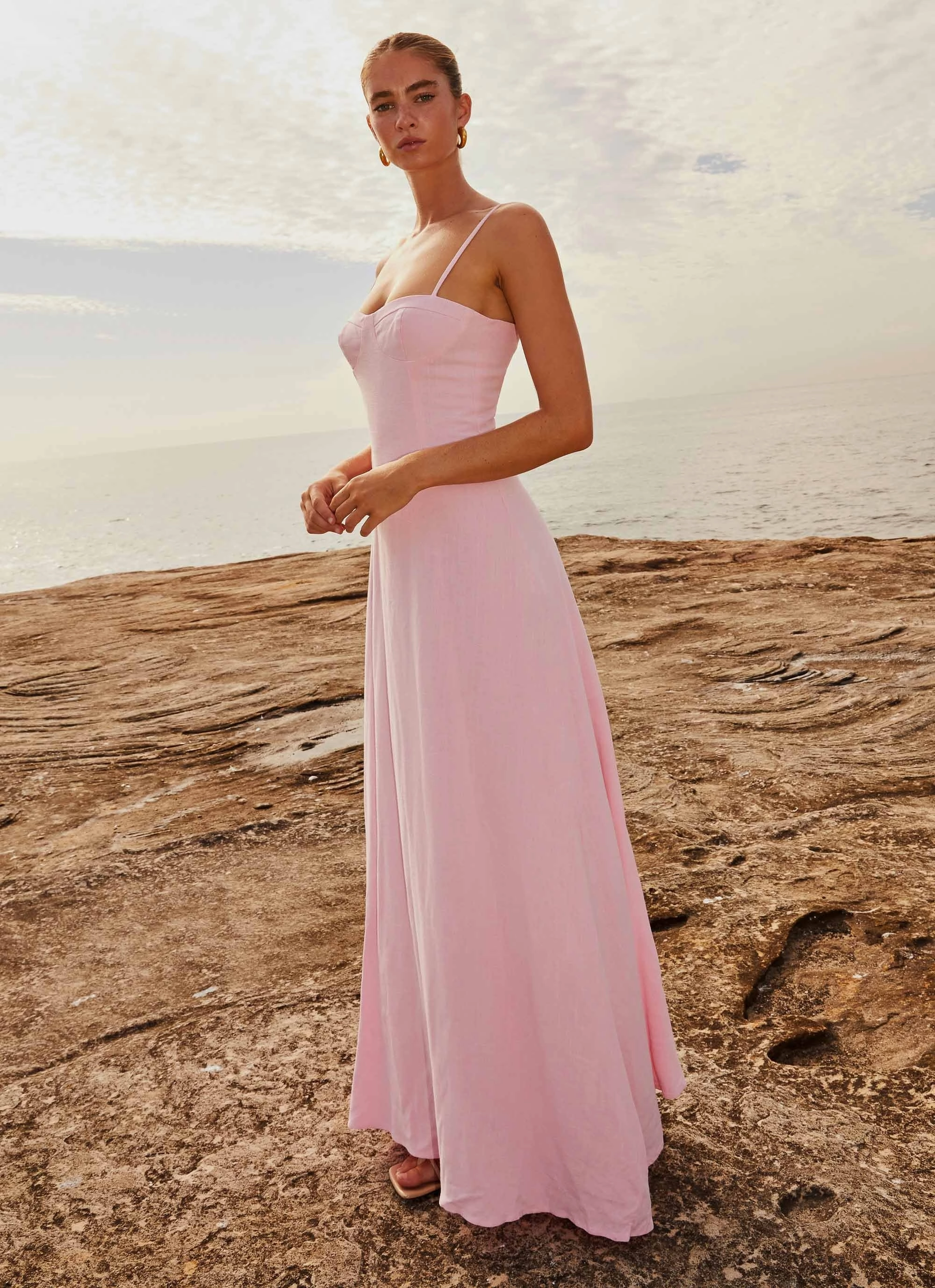 Angelina Linen Maxi Dress - Pink Petal Silky Drape