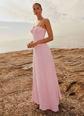Angelina Linen Maxi Dress - Pink Petal Silky Drape