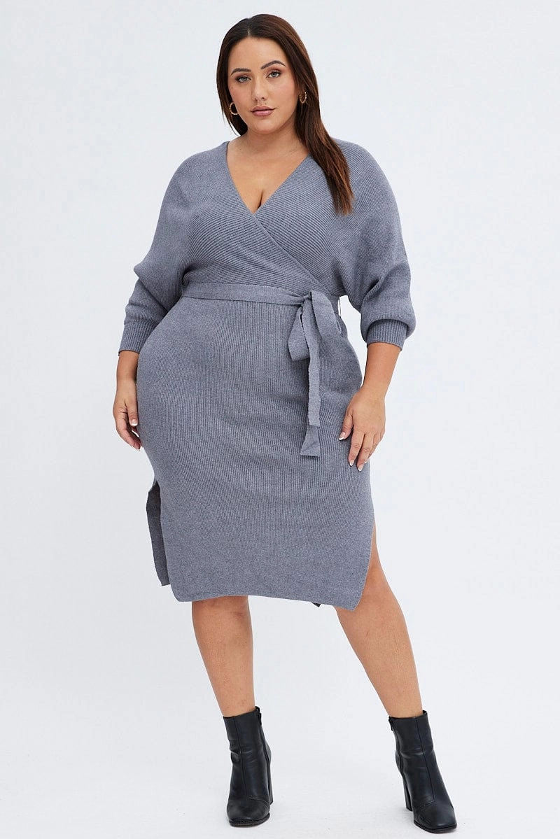 Elegant Waistband Garden-Party Grey Knit Dress Knee Length Crossover