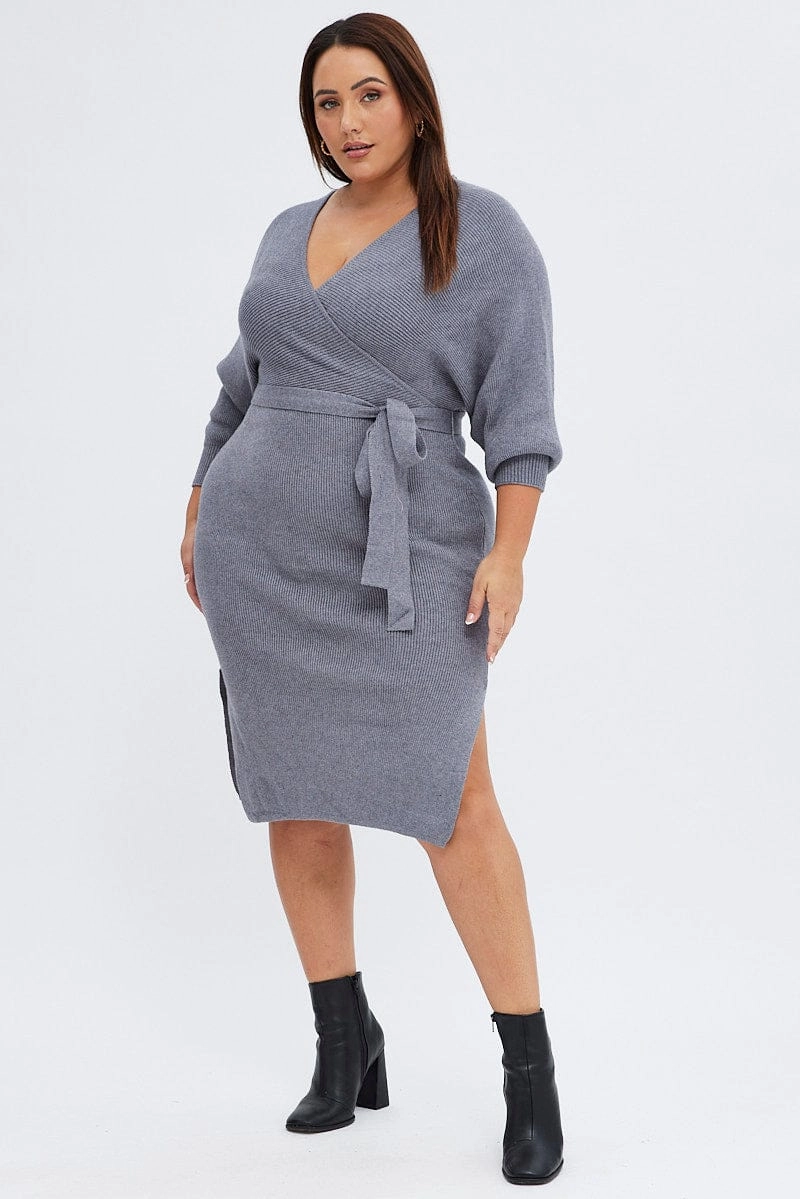 Grey Knit Dress Knee Length Crossover Easy Movement Flower Grace