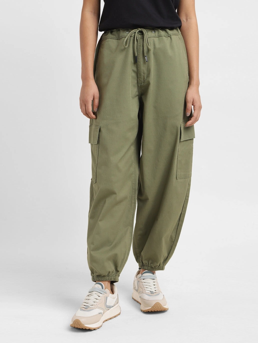 Women's High Rise Green Loose Tapered Fit Trousers Eco Friendly Fabric