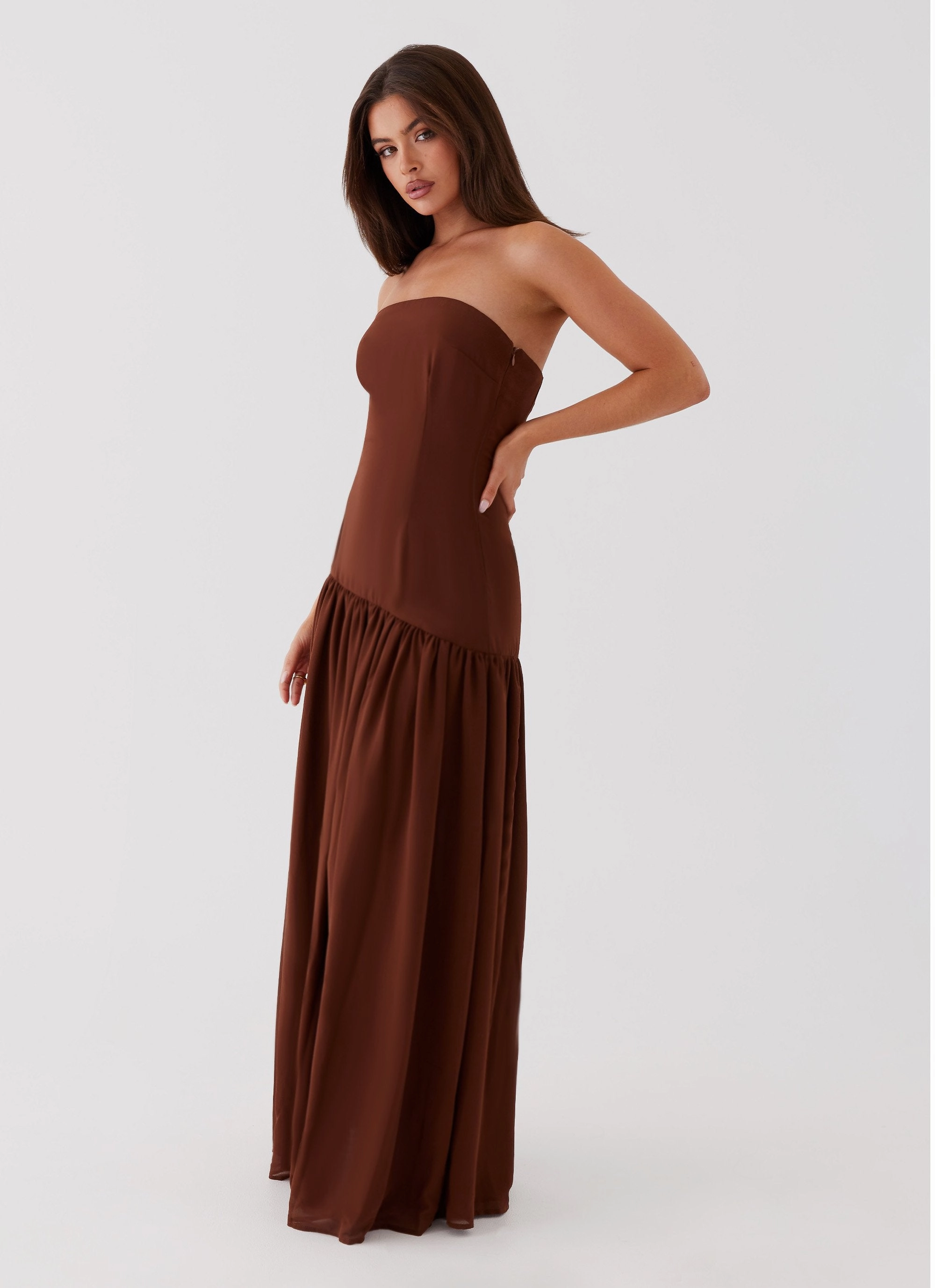 Cozy Drape Trendy Vibes Eden Strapless Maxi Dress - Brown