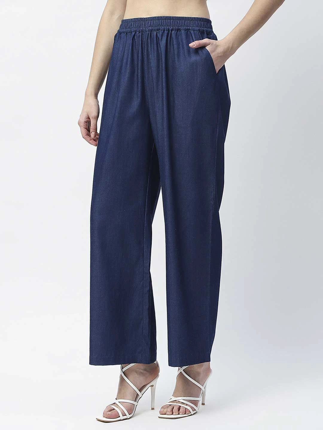 Tailored Wear Timeless Wear Madame Wide Leg Navy Blue Cotton Blend Trousers