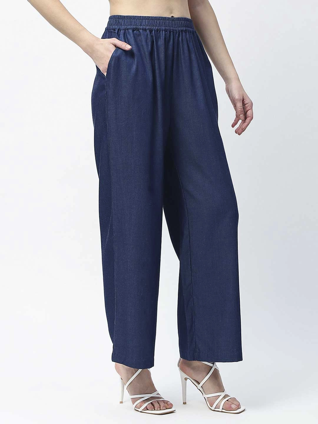 Madame Wide Leg Navy Blue Cotton Blend Trousers Comfy Waistband