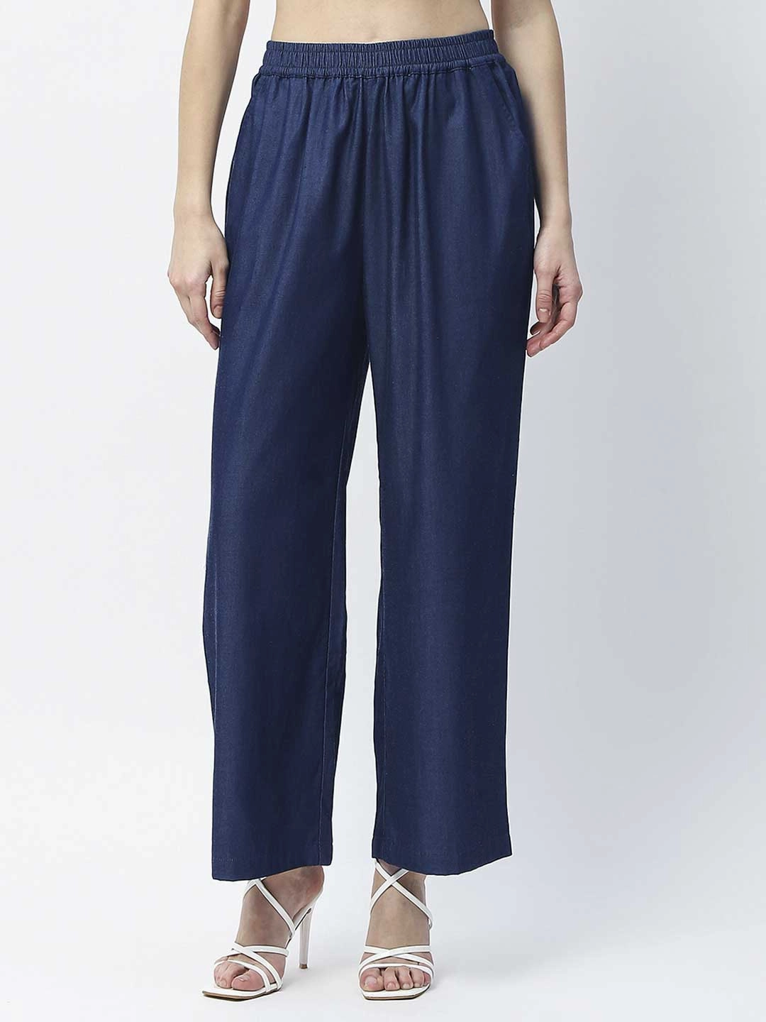 Non Restrictive Essential Waist Madame Wide Leg Navy Blue Cotton Blend Trousers