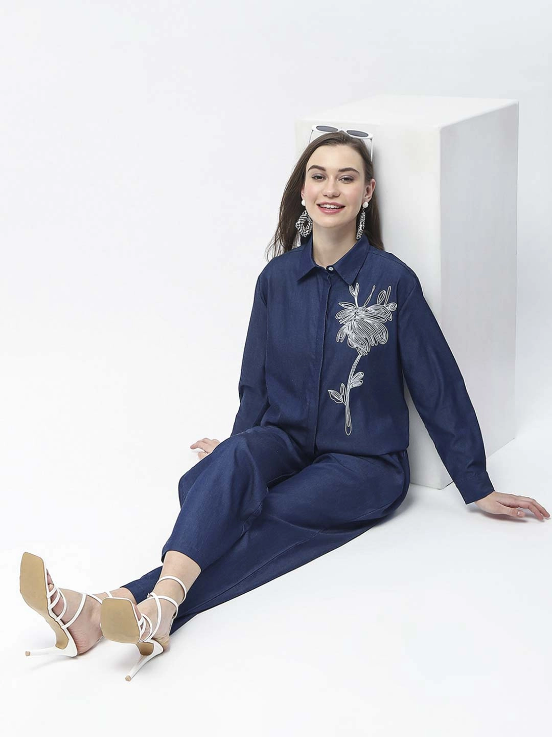 Madame Wide Leg Navy Blue Cotton Blend Trousers Quick Comfort Design Stretchable Fit