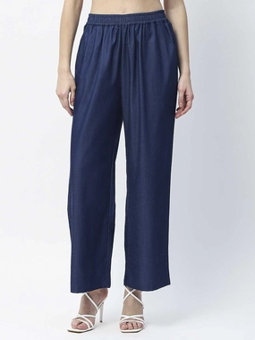 Non Restrictive Essential Waist Madame Wide Leg Navy Blue Cotton Blend Trousers