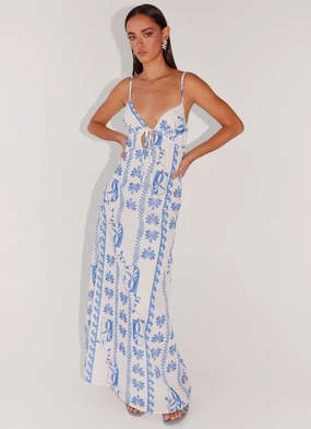 Elastic-Waist Flora Linen Maxi Dress - Floral Wave