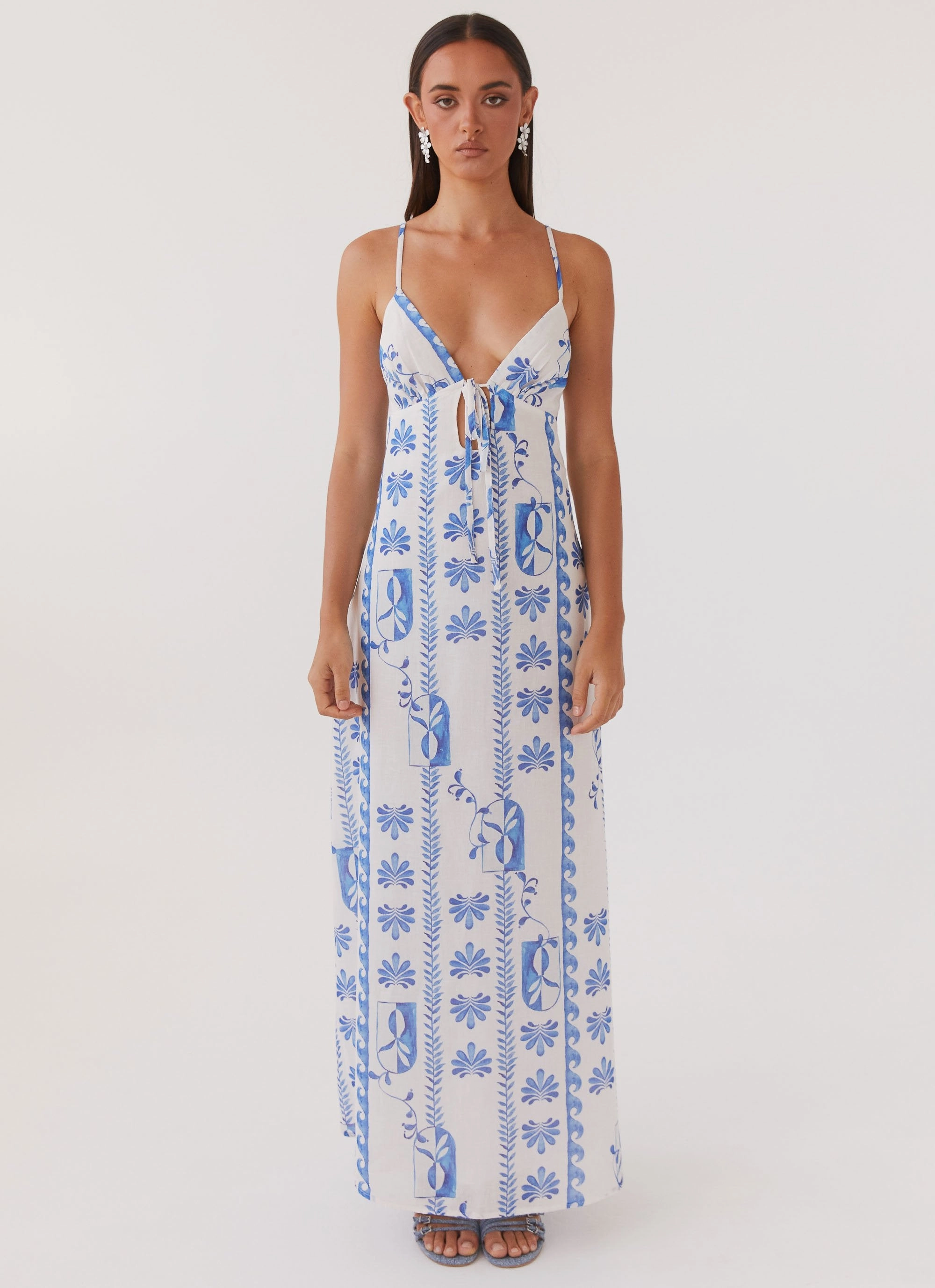 Smart Waist Design Flora Linen Maxi Dress - Floral Wave