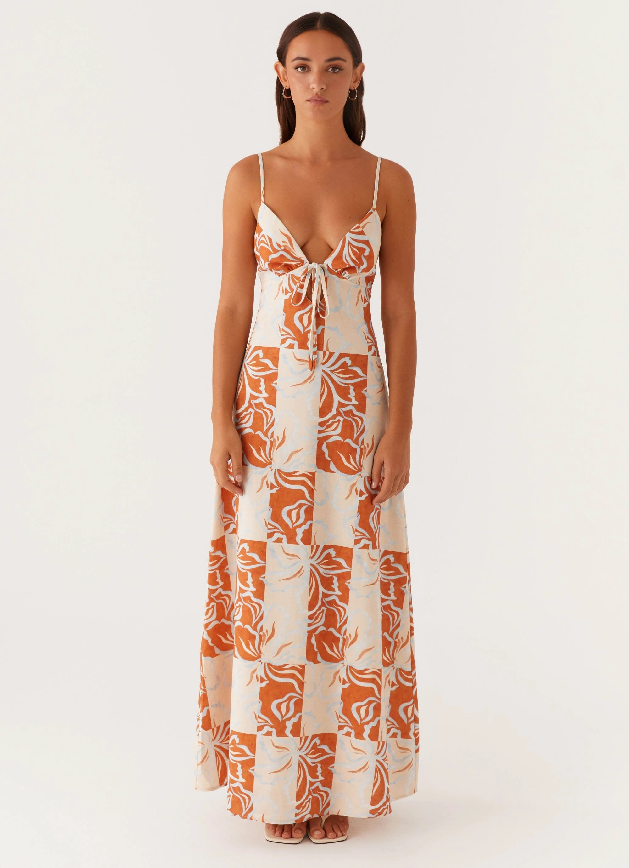 Seasonal Comfort Day Ready Flora Linen Maxi Dress - Orange Blue Floral