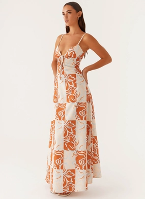 Flora Linen Maxi Dress - Orange Blue Floral Youthful Mood