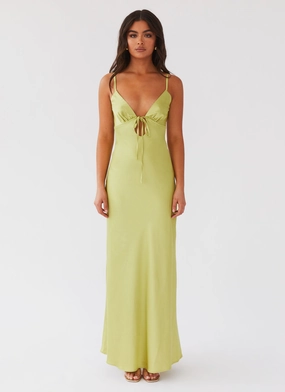 Quiet Mood Formed Look Flora Satin Maxi Dress - Green Expectations
