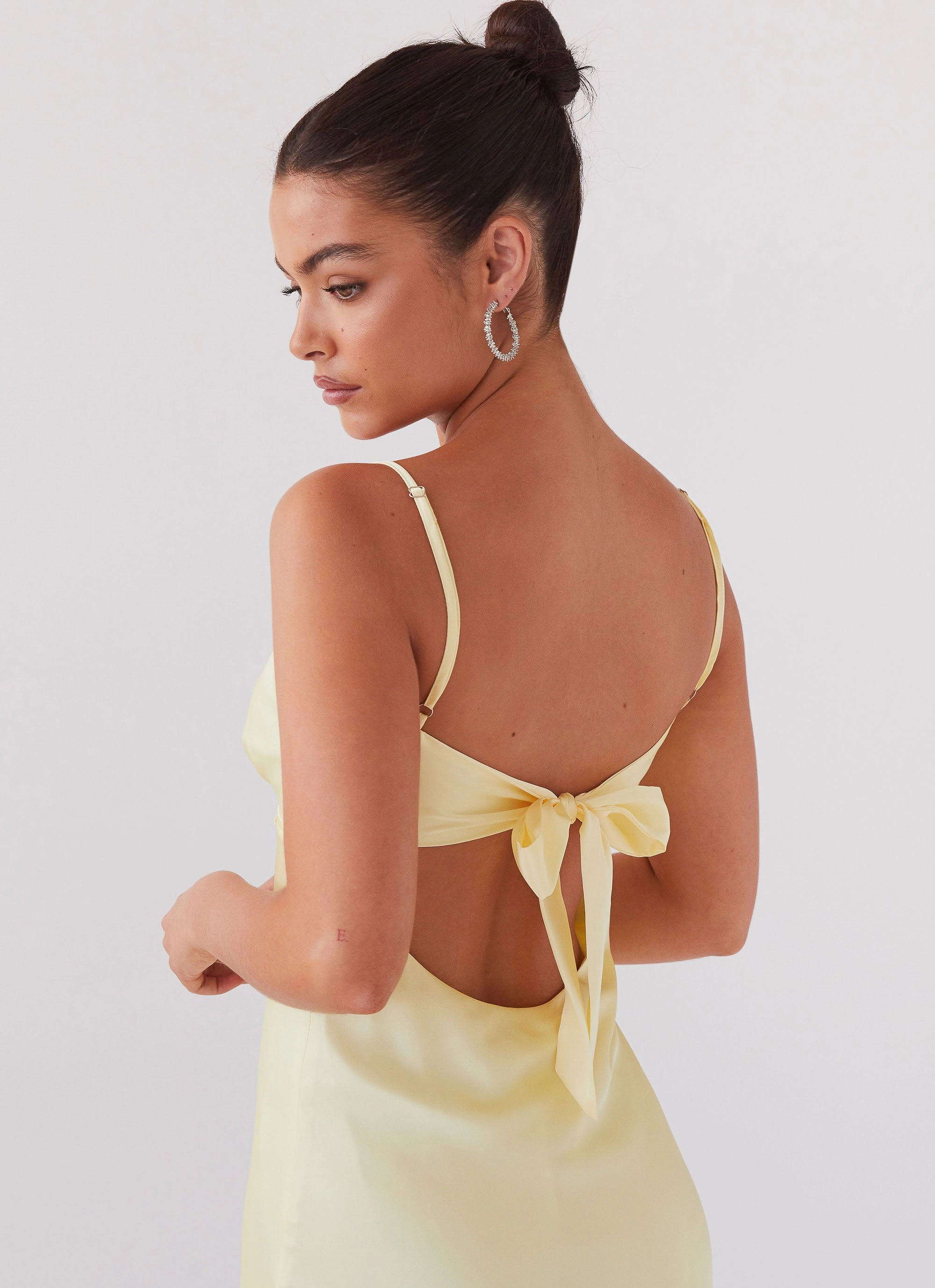 Flora Satin Maxi Dress - Lemon Subtle Drape